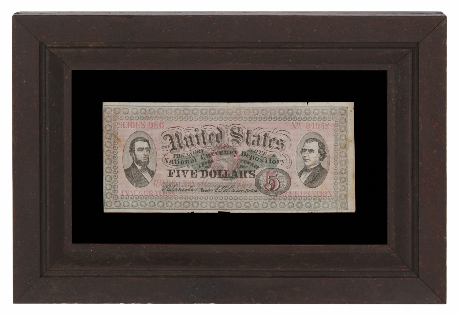 RARE UNITED STATES SANITARY COMMISSION ADVERTISING FLIER, DISTRIBUTED BY J.B. WESTBROOK & CO., NEW YORK CITY, WITH U.S. TREASURY NOTE STYLE IMAGERY FEATURING IMAGES OF ABRAHAM LINCOLN & ANDREW JOHNSON, COMMEMORATING THE 1865 PRESIDENTIAL INAUGURATION
