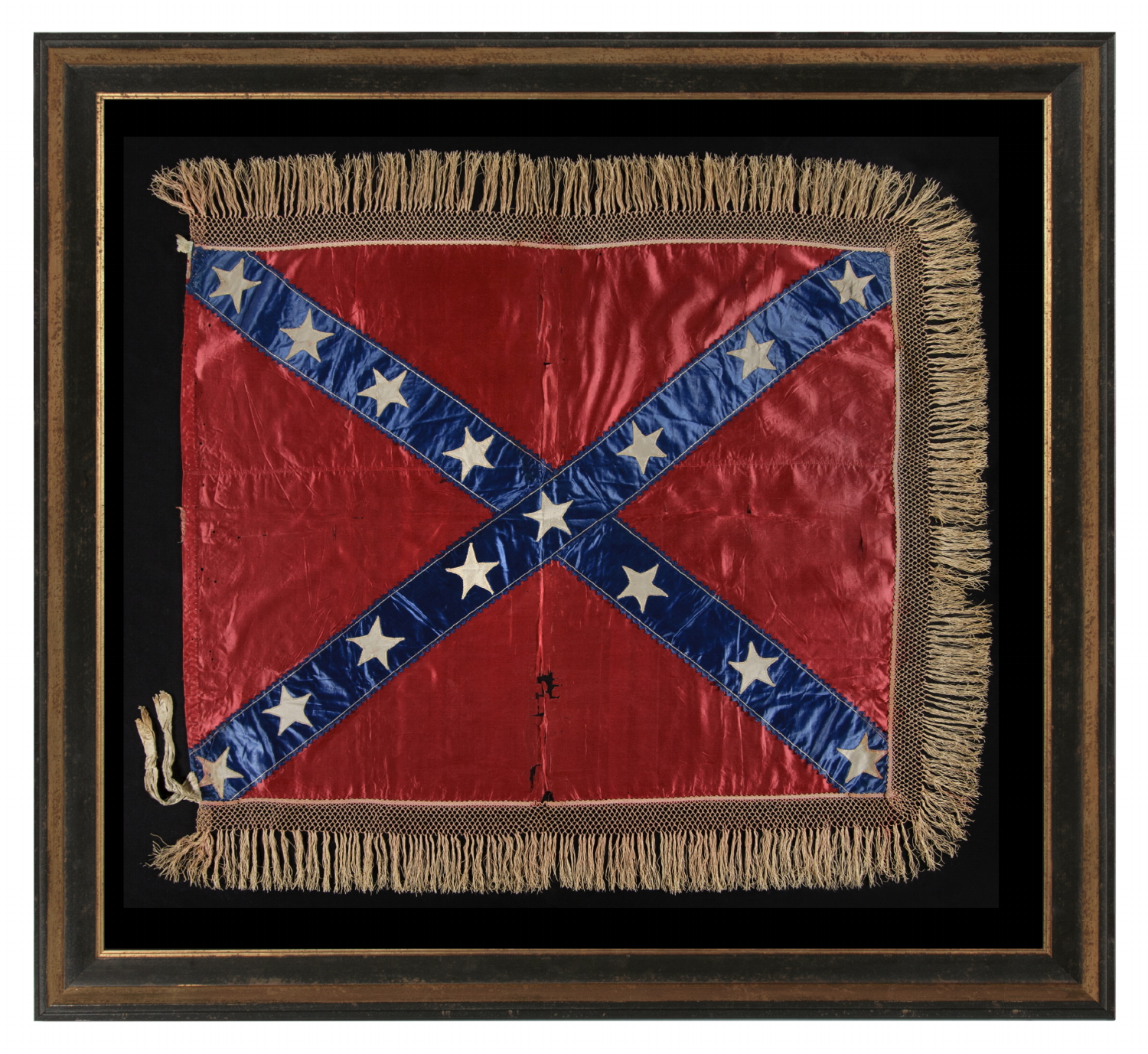 THE 15-STAR CONFEDERATE BATTLE FLAG OF GENERAL LLOYD TILGHMAN, WHO LED THE 3RD KENTUCKY INFANTRY, COMPANY D, CAPTURED AND IMPRISONED AT FORT WARREN IN BOSTON HARBOR, RELEASED IN EXCHANGE FOR UNION GENERAL JOHN REYNOLDS; DEFEATED GRANT AT COFFEYVILLE, KANSAS; KILLED IN ACTION IN VICKSBURG CAMPAIGN AT THE BATTLE OF CHAMPION HILL WHEN STRUCK IN THE CHEST BY A CANNONBALL; THE MOST BEAUTIFUL EXAMPLE I HAVE EVER SEEN ACROSS ALL SOUTHERN CROSS FORMAT BATTLE FLAGS & ONE OF JUST FOUR KNOWN IN THIS RARE S