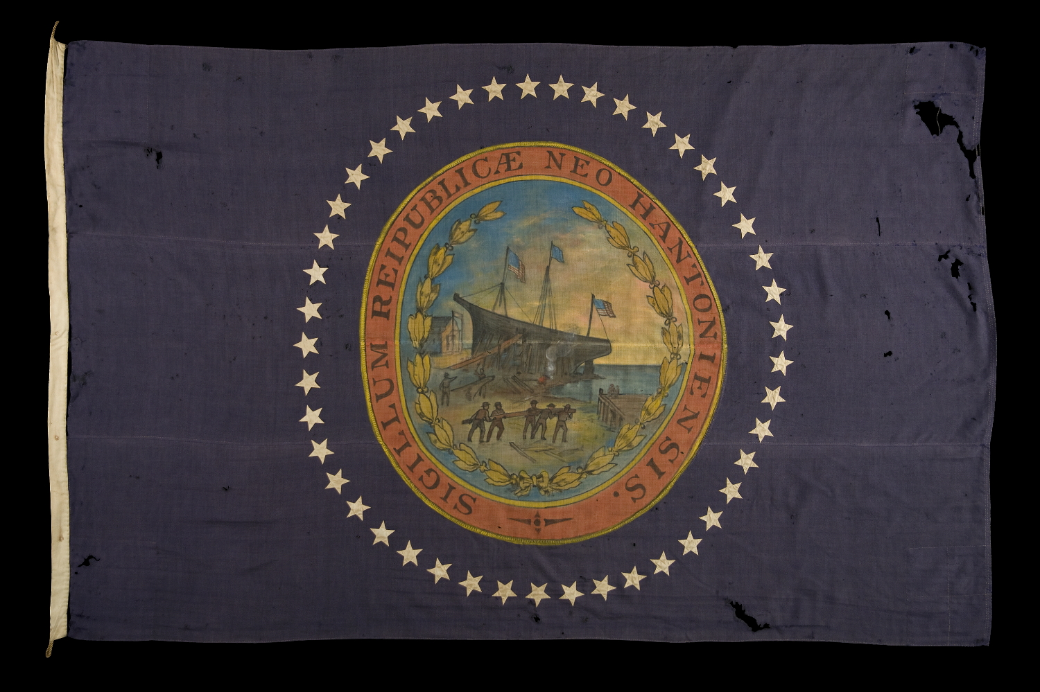 EXCEPTIONAL NEW HAMPSHIRE STATE FLAG WITH A HAND-PAINTED SEAL, SURROUNDED BY 45 HAND-SEWN STARS, MADE BY LAMPRELL & MARBLE, BOSTON, CA 1896-1907