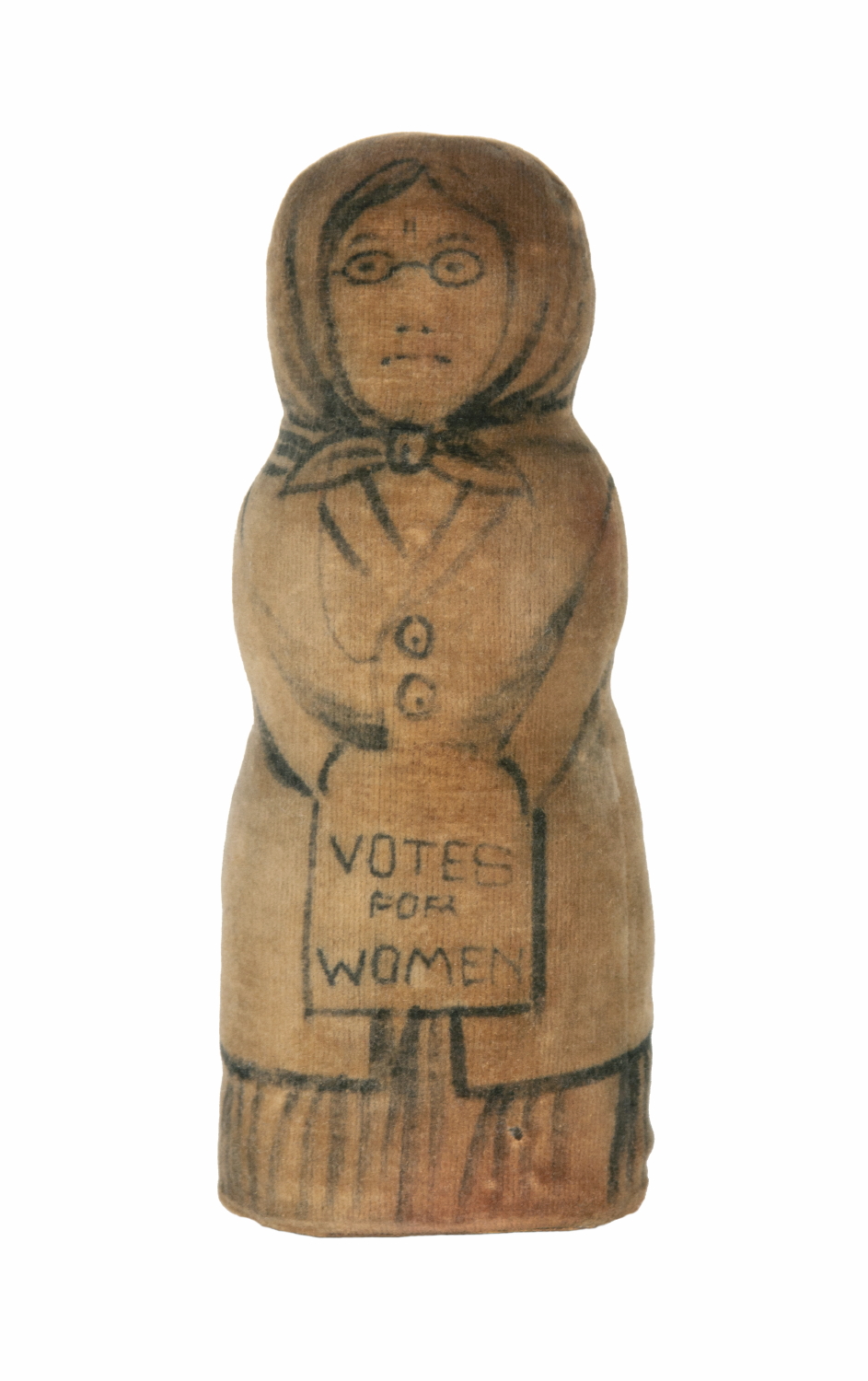 ANTI-WOMEN’S SUFFRAGE PIN CUSHION, MADE OF VELVETEEN AND HAND-PAINTED, ENGLISH, CIRCA 1880-1910, EXCEPTIONALLY RARE
