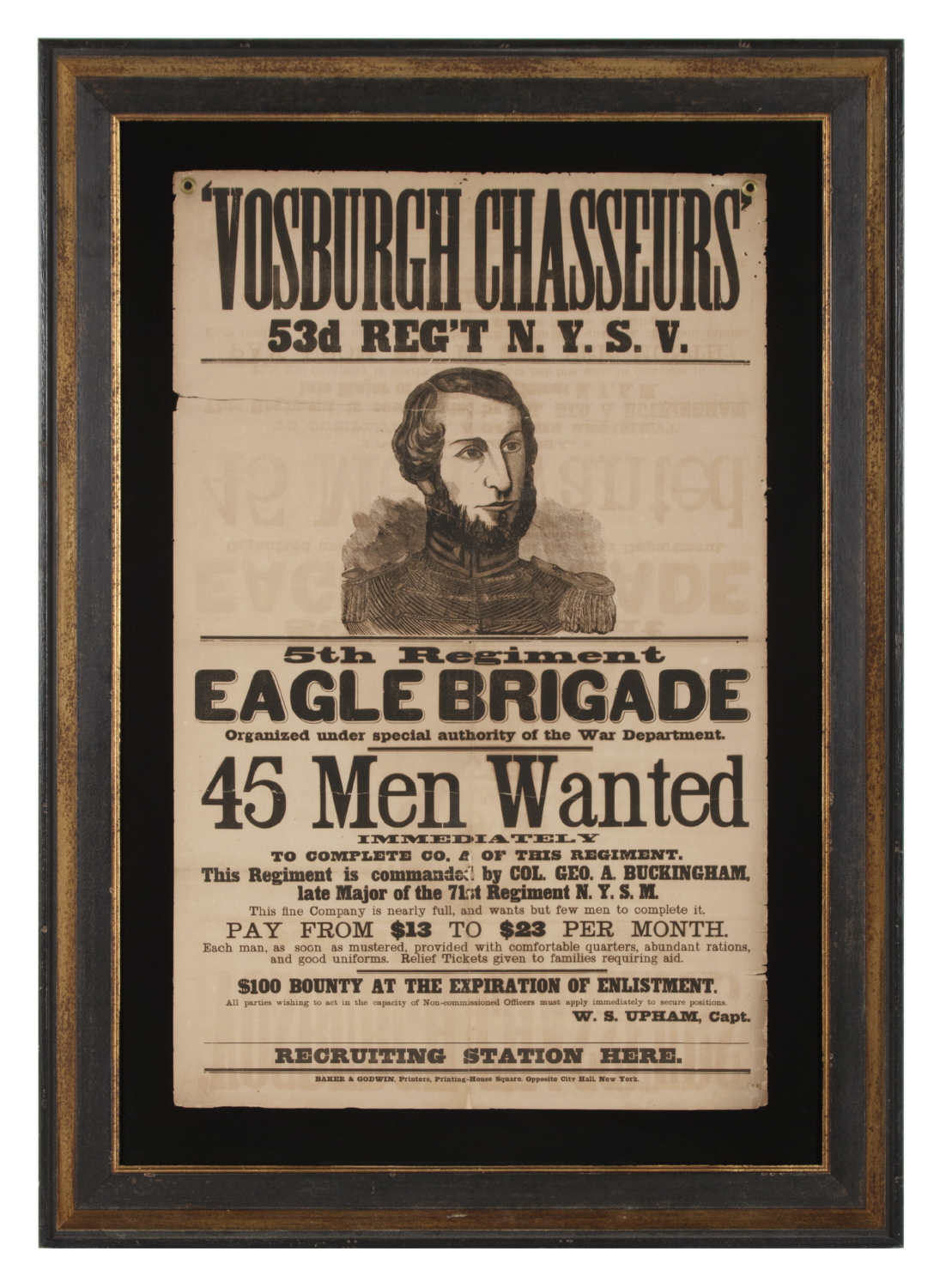 LARGE CIVIL WAR RECRUITMENT BROADSIDE FOR THE 53RD NEW YORK VOLUNTEER INFANTRY, 5th REGIMENT, "EAGLE BRIGADE," WITH AN ATTRACTIVE AND COMPELLING IMAGE OF ITS COMMANDER, LT. COL. GEORGE A. BUCKINGHAM OF NEW YORK CITY, CIRCA 1862