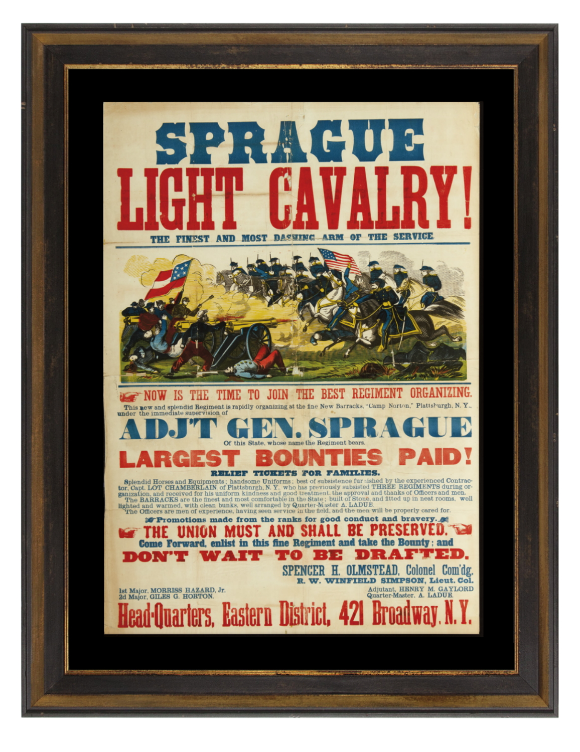LARGE & COLORFUL CIVIL WAR RECRUITMENT BROADSIDE FOR THE 16TH NEW YORK VOLUNTEER CAVALRY, A.K.A. "SPRAGUE'S LIGHT CAVALRY,” WITH A AMAZING BATTLE SCENE DISPLAYING BOTH CONFEDERATE AND UNION FLAGS, EXCEPTIONAL AMONG ITS COUNTERPARTS, MADE IN 1863. A CONTINGENT OF THIS REGIMENT AVENGED LINCOLN'S DEATH, CORNERING AND KILLING JOHN WILKES BOOTH IN A VIRGINIA TOBACCO BARN ON APRIL 26TH, 1965