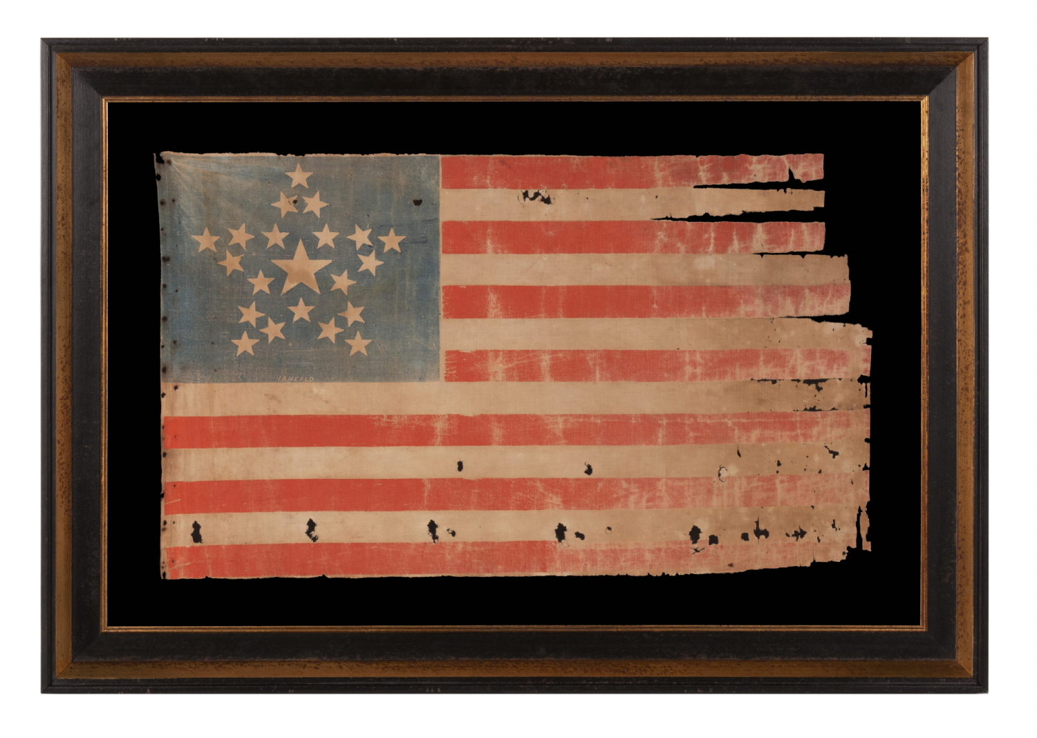 21 STARS IN A “GREAT STAR” OR “GREAT LUMINARY” PATTERN, A SOUTHERN-EXCLUSIONARY STAR COUNT ON AN ANTIQUE AMERICAN PARADE FLAG OF THE CIVIL WAR PERIOD, SIGNED BY THE MAKER, ONE-OF-A-KIND AMONG KNOWN EXAMPLES