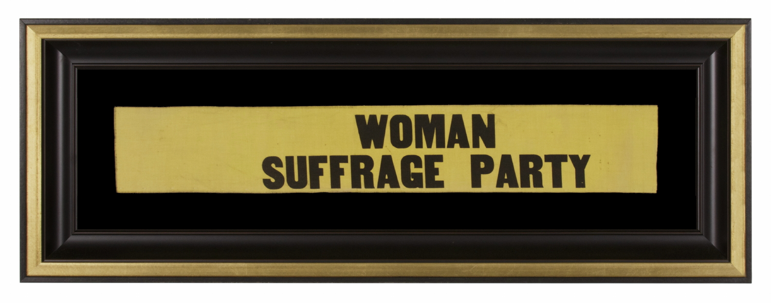 YELLOW SUFFRAGETTE SASH RIBBON MADE FOR CARRIE CHAPMAN CATT'S "WOMAN SUFFRAGE PARTY" OF NEW YORK CITY, CA 1912-20