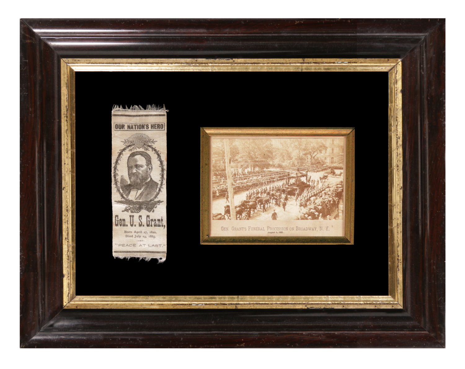 ULYSSES S. GRANT MEMORIAL RIBBON AND CDV PHOTOGRAPH OF HIS FUNERAL PROCESSION ON BROADWAY, NEW YORK CITY, AUG. 8TH, 1885