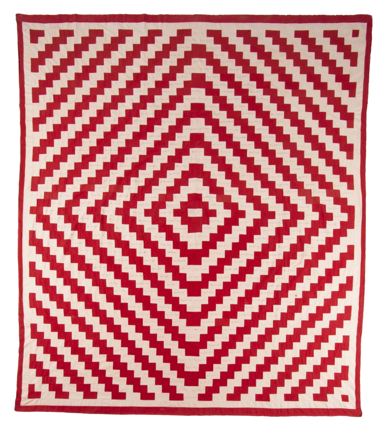 RED & WHITE, SUNSHINE & SHADOWS, SIGNATURE QUILT, MADE BY THE LADIES AID SOCIETY CHAPTER AT THE UNITED EVANGELICAL CHURCH IN ROYERSFORD, PENNSYLVANIA, MONTGOMERY COUNTY, DATED 1901