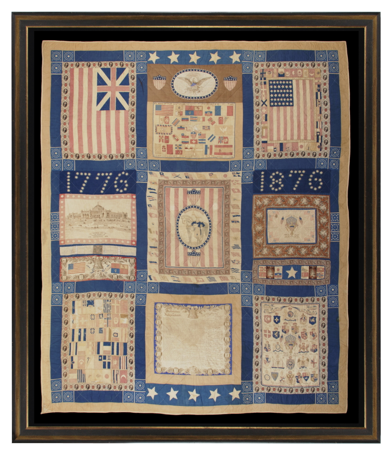 EXCEPTIONAL 1876 CENTENNIAL QUILT MADE FROM VARIOUS FLAGS, KERCHIEFS, AND PATRIOTIC FABRICS, THE MOST ELABORATE AND RARE OF ITS KIND THAT I HAVE EVER ENCOUNTERED, PICTURED IN TWO OF BOB BISHOP'S BOOKS ON AMERICAN FOLK ART; SOME OF THE TEXTILES UNKNOWN IN OTHER PATRIOTIC QUILTS