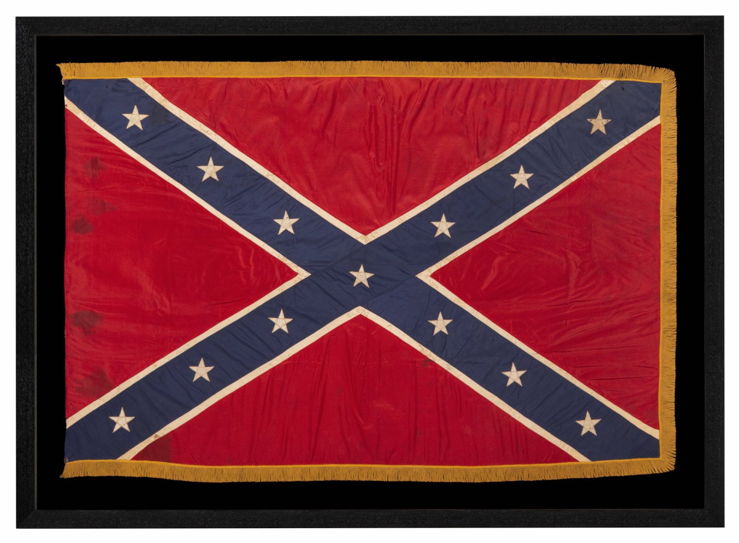 CONFEDERATE SOUTHERN CROSS “BATTLE FLAG”, OF THE REUNION ERA, MADE ENTIRELY OF SILK, WITH A SILK FRINGE, CIRCA 1895-1920