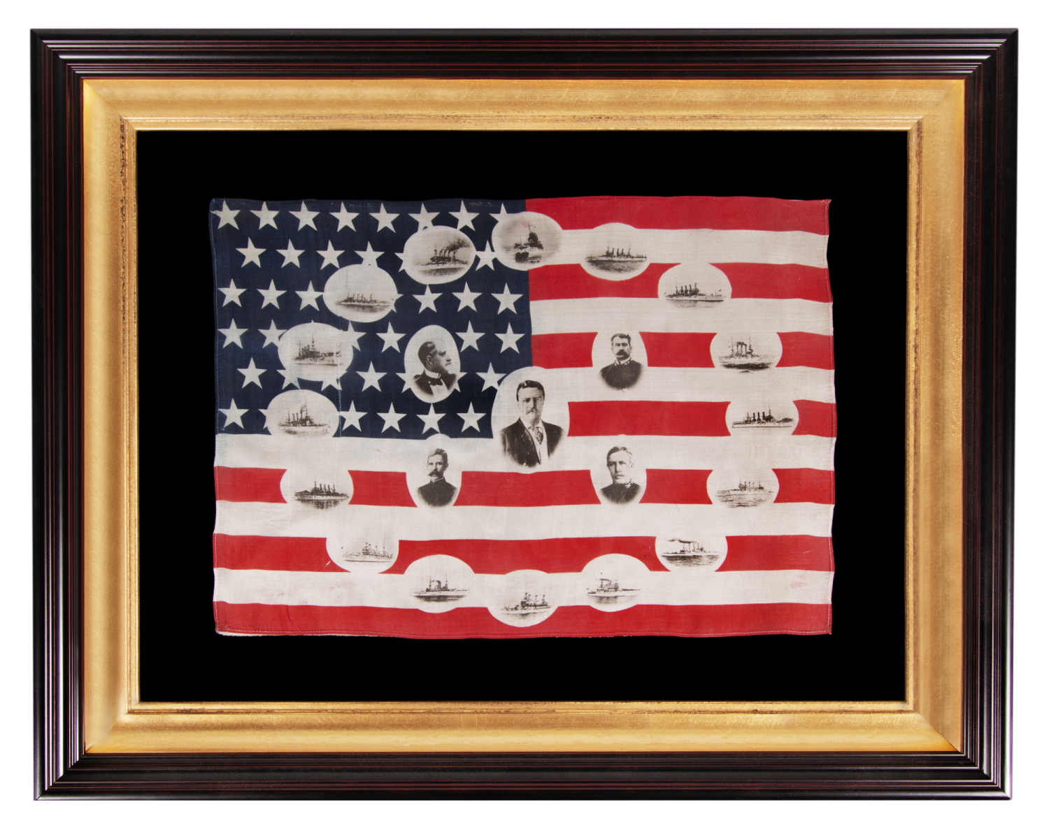 RARE & BEAUTIFUL AMERICAN PARADE FLAG WITH IMAGES OF TEDDY ROOSEVELT AND HIS GREAT WHITE FLEET, 1907-1909, EX-RICHARD PIERCE COLLECTION