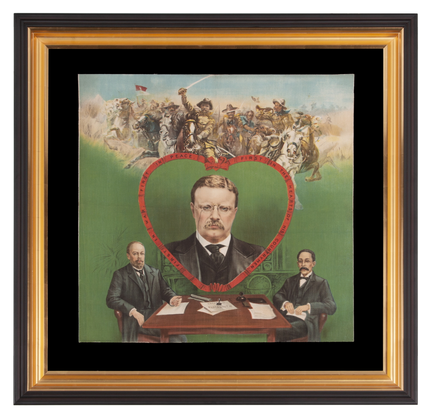 BOLDLY GRAPHIC AND COLORFUL TEDDY ROOSEVELT TEXTILE, WITH HIS PORTRAIT IN A LARGE HEART AND ROUGH RIDERS ABOVE, MADE TO CELEBRATE HIS RECEIPT OF THE NOBEL PRIZE FOR PEACE IN 1906