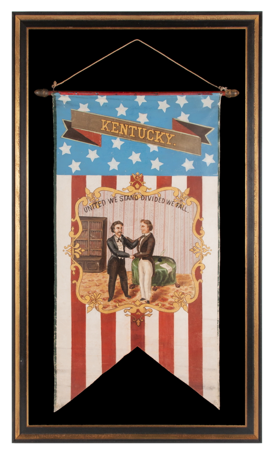 HAND-PAINTED PATRIOTIC BANNER WITH THE SEAL OF THE STATE OF KENTUCKY AND SPECTACULAR PRESENTATION, WITH GREAT FOLK QUALITIES, PROBABLY MADE FOR THE 1868 DEMOCRAT NATIONAL CONVENTION IN NEW YORK CITY