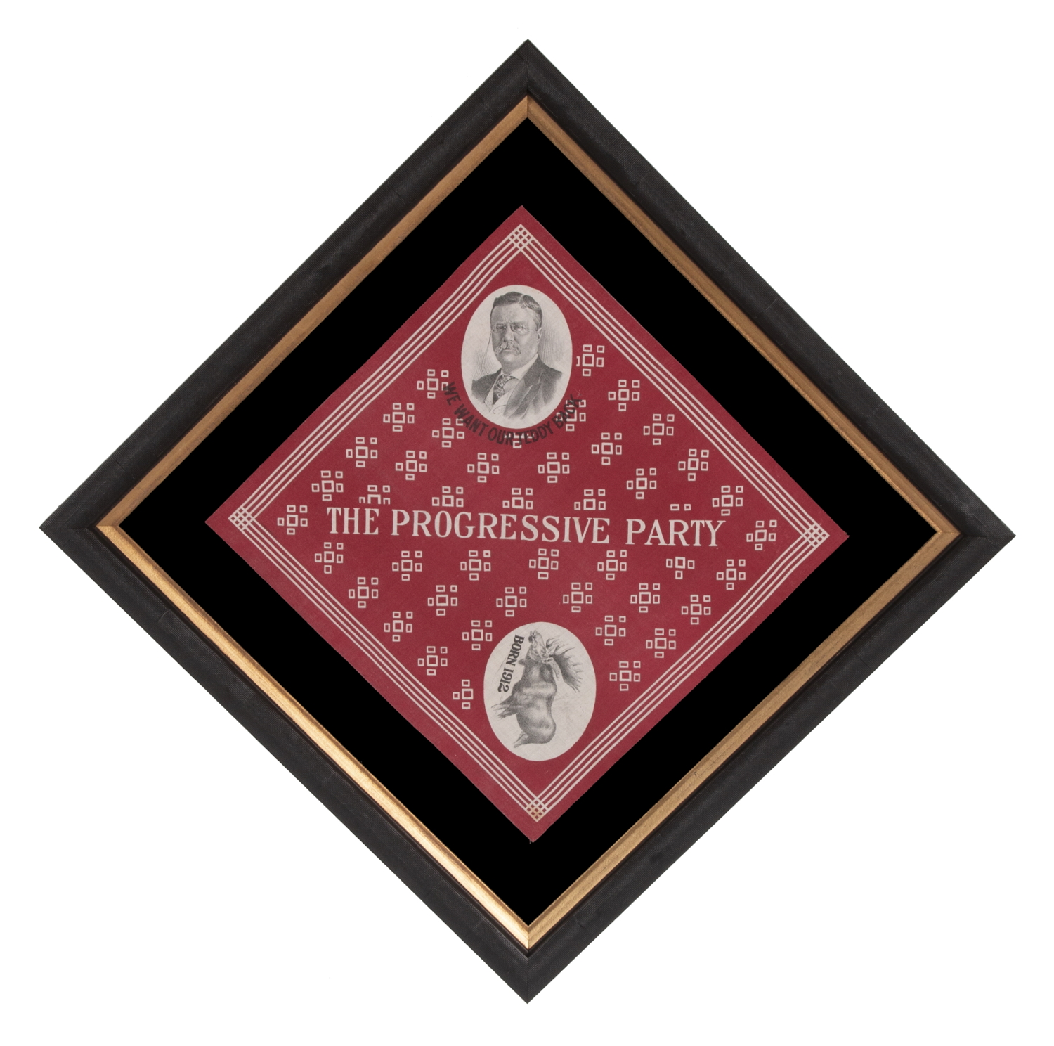 DIAGONAL FORMAT KERCHIEF WITH THE IMAGES OF A BULL MOOSE AND A PORTRAIT OF THEODORE ROOSEVELT, MADE HIS 1912 PRESIDENTIAL CAMPAIGN, WHEN HE RAN ON THE INDEPENDENT, PROGRESSIVE PARTY TICKET, AN EXTREMELY SCARCE AND GRAPHICALLY PLEASING EXAMPLE