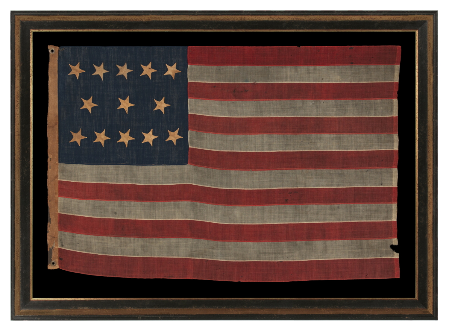 ANTIQUE AMERICAN FLAG WITH 13 HAND-SEWN STARS IN AN EXTREMELY RARE LINEAL CONFIGURATION OF 5-3-5, PROBABLY MADE WITH THE INTENT OF USE BY LOCAL MILITIA OR PRIVATE OUTFITTING OF A VOLUNTEER COMPANY, CIVIL WAR PERIOD, 1861-1865; EXHIBITED AT THE MUSEUM OF THE AMERICAN REVOLUTION FROM JUNE – JULY, 2019