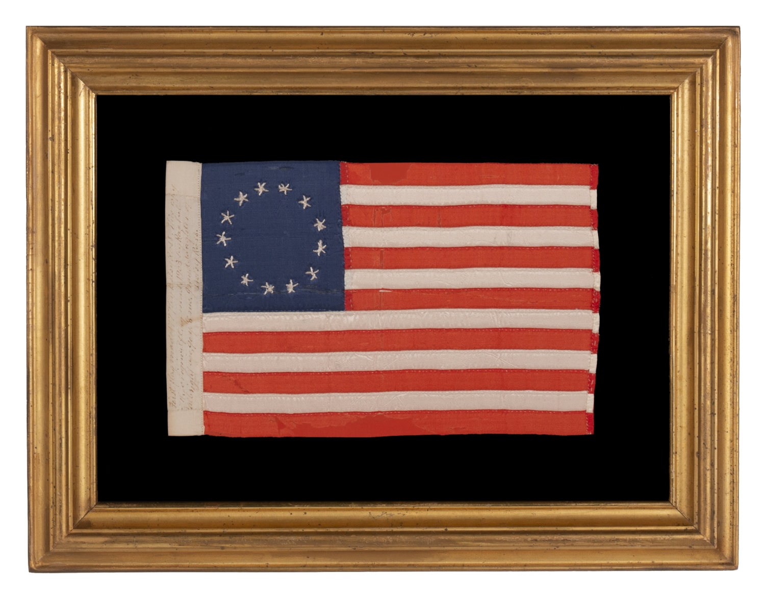 13 HAND-EMBROIDERED STARS AND EXPERTLY HAND-SEWN STRIPES ON AN ANTIQUE AMERICAN FLAG MADE IN PHILADELPHIA BY RACHEL ALBRIGHT, GRANDDAUGHTER OF BETSY ROSS, SIGNED & DATED 1903