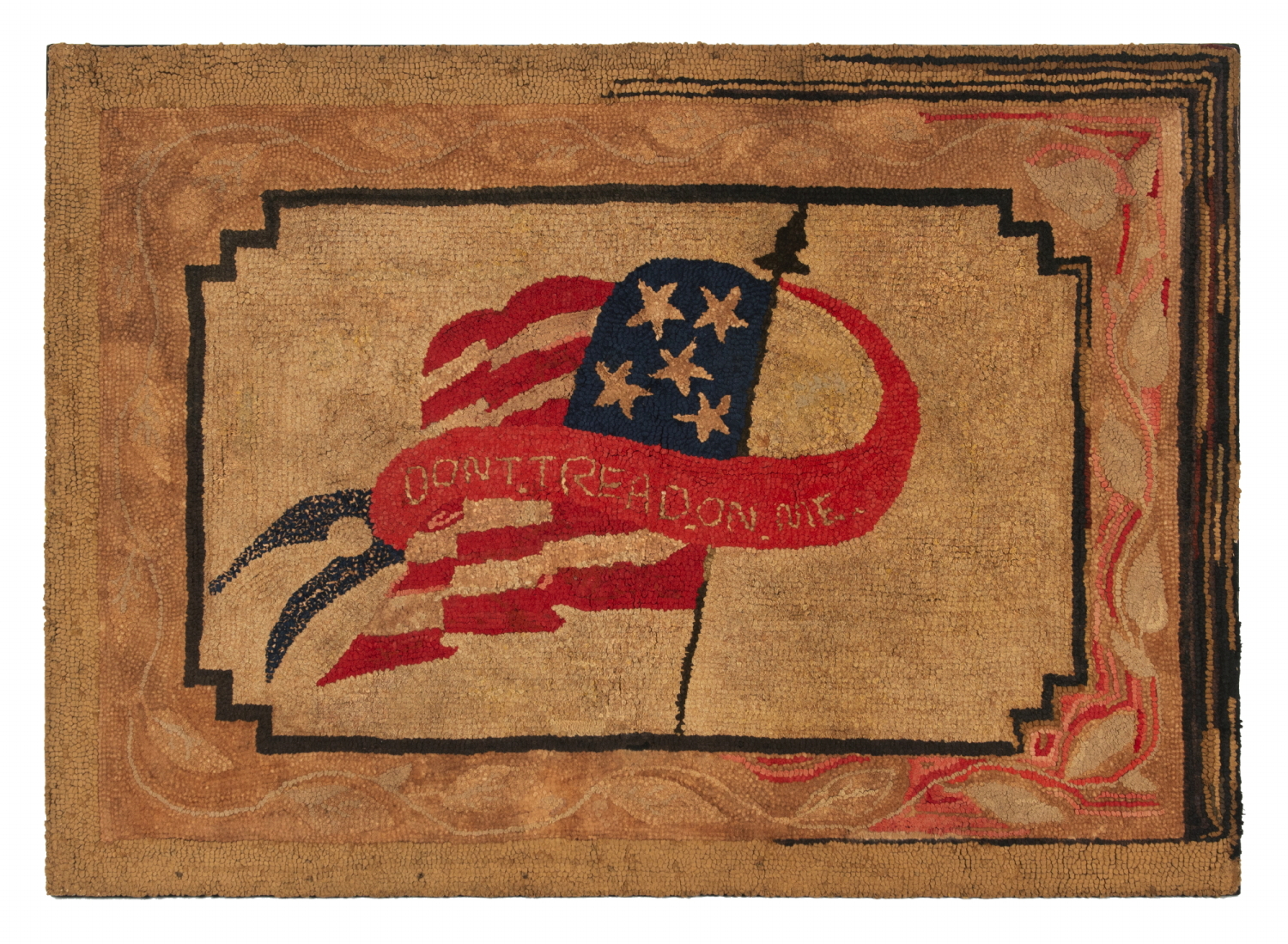 WOOL HOOKED RUG WITH AN AMERICAN FLAG AND A FORKED TAIL STREAMER BEARING WITH “DON’T TREAD ON ME” SLOGAN; THE 5 STAR COUNT, IF PURPOSEFUL, WOULD CELEBRATE THE NUMBER OF STATES THAT AFFORDED WOMEN THE RIGHT TO VOTE; circa 1880-1910
