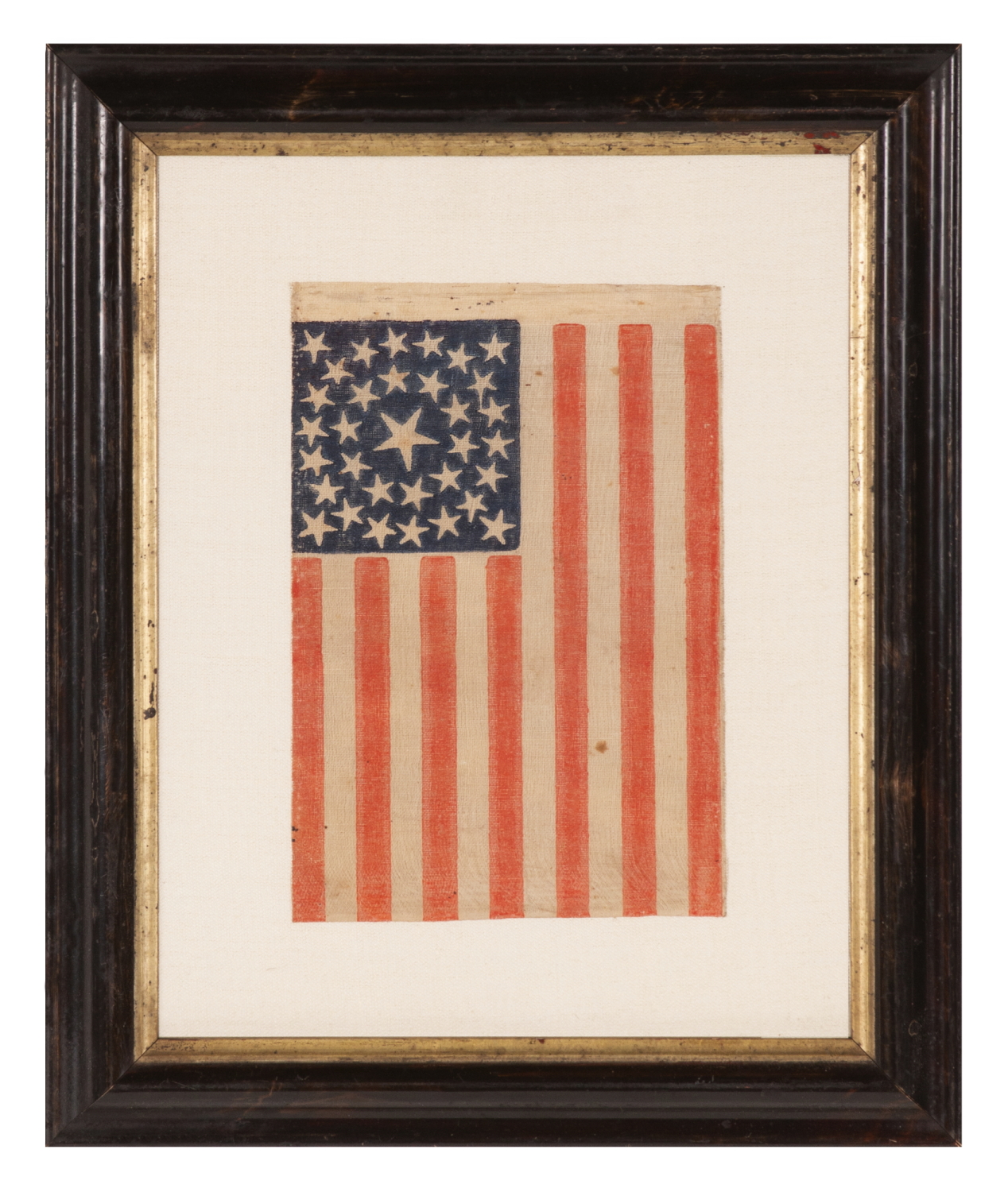 33 STARS IN A DOUBLE-WREATH CONFIGURATION, ON AN ANTIQUE AMERICAN FLAG DATING IMMEDIATELY PRE-CIVIL WAR THROUGH THE WAR'S OPENING YEAR, REFLECTS THE ADDITION OF OREGON TO THE UNION, 1859-1861