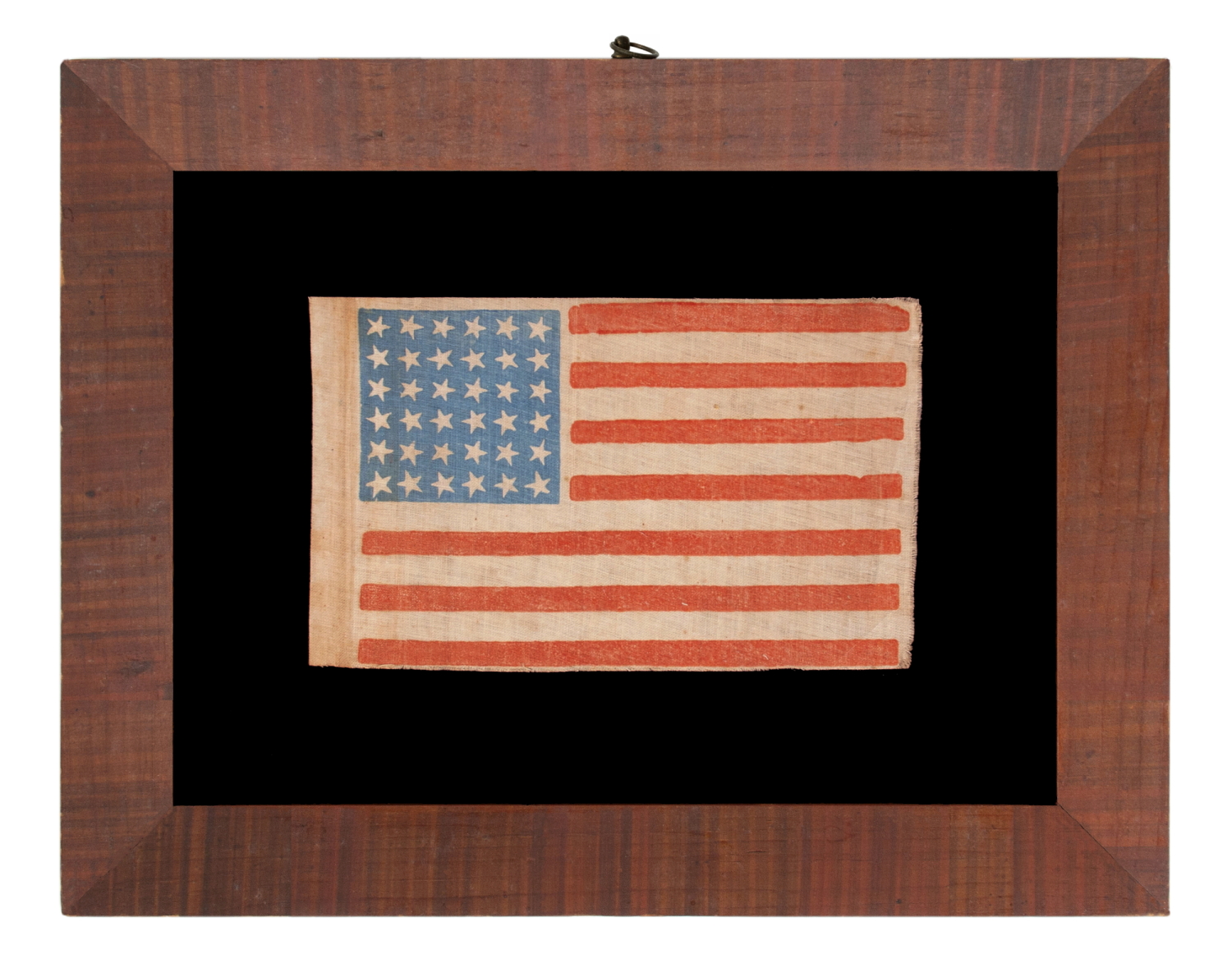 36 STAR ANTIQUE AMERICAN PARADE FLAG WITH CANTED STARS IN DANCING ROWS, ON A BEAUTIFUL, CORNFLOWER BLUE CANTON; CIVIL WAR ERA, NEVADA STATEHOOD, 1864-1867