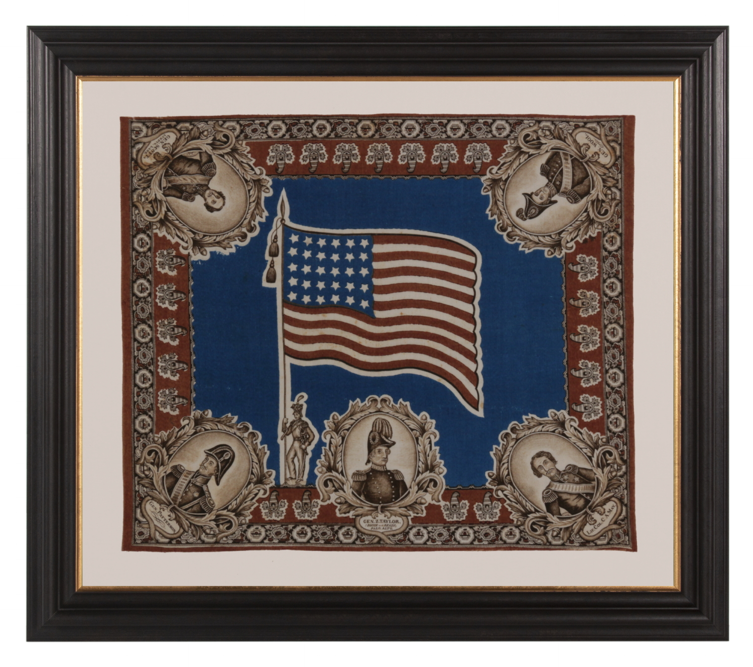 GRAPHIC AND COLORFUL, PORTRAIT STYLE KERCHIEF MADE FOR THE 1848 PRESIDENTIAL CAMPAIGN OF ZACHARY TAYLOR, WITH PORTRAITS OF FOUR OTHER MEXICAN WAR OFFICERS AND A WAVING 30 STAR FLAG
