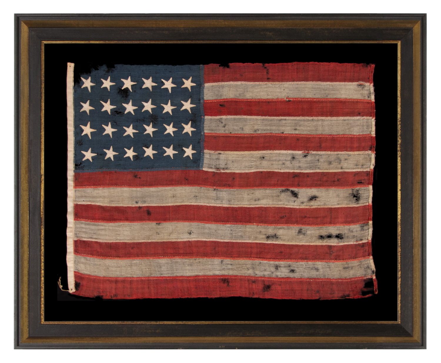 24 STAR ANTIQUE AMERICAN FLAG, MADE IN THE PERIOD WHEN MISSOURI WAS THE MOST RECENT STATE TO JOIN THE UNION, 1821-1836, EXTRAORDINARILY RARE, WITH ITS CANTON RESTING ON THE “WAR STRIPE” OR “BLOOD STRIPE, AND IN A REMARKABLY TINY SCALE AMONG FLAGS OF THIS ERA