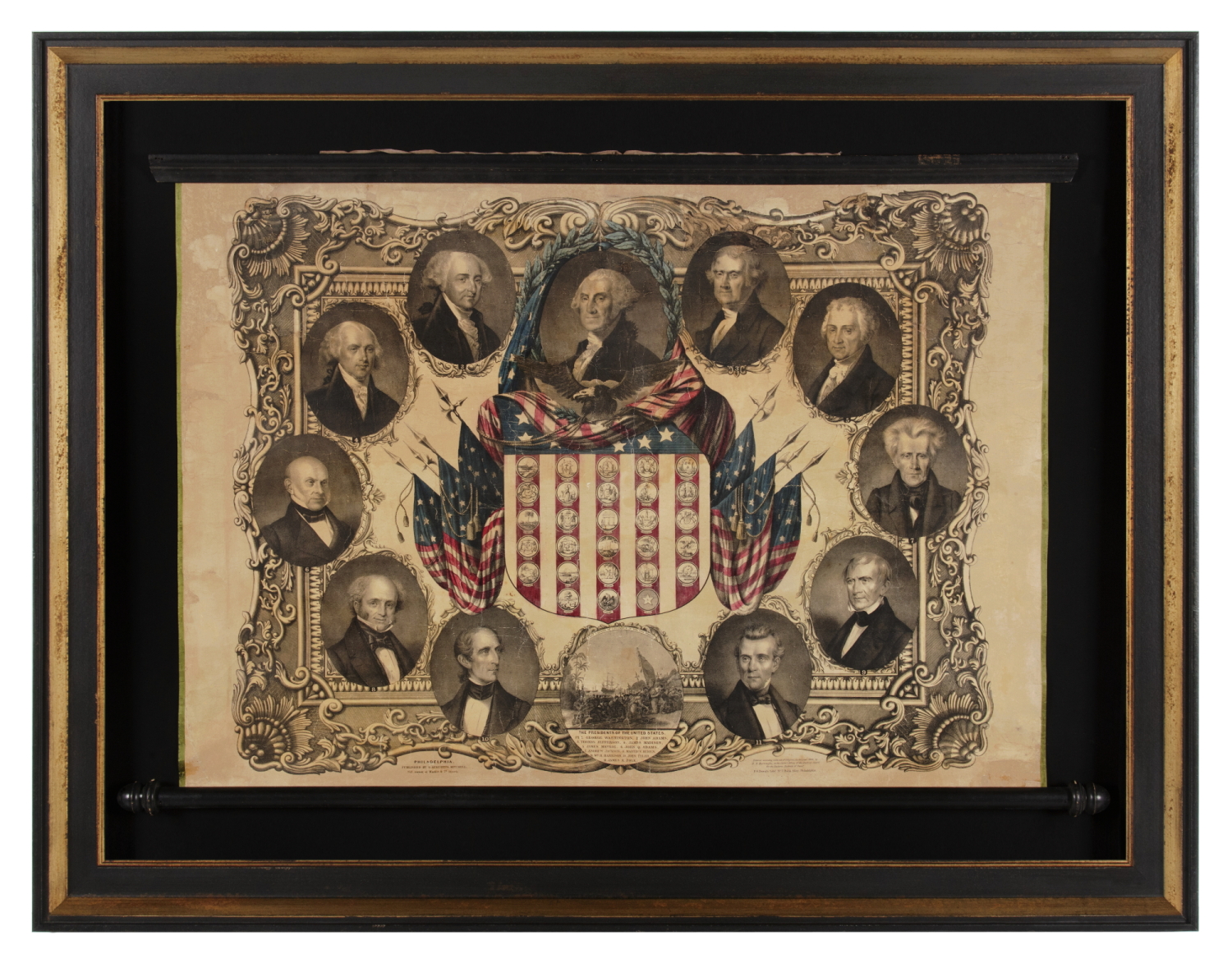 MEXICAN WAR ERA SCROLLING BROADSIDE, WITH DYNAMIC IMAGERY THAT FEATURES THE FIRST 11 AMERICAN PRESIDENTS AND 28 STATE SEALS; PRODUCED BY AUGUSTUS MITCHELL & PETER S. DUVAL OF PHILADELPHIA DURING THE ERA WHEN TEXAS WAS THE MOST RECENT STATE TO JOIN THE UNION, circa 1845-46