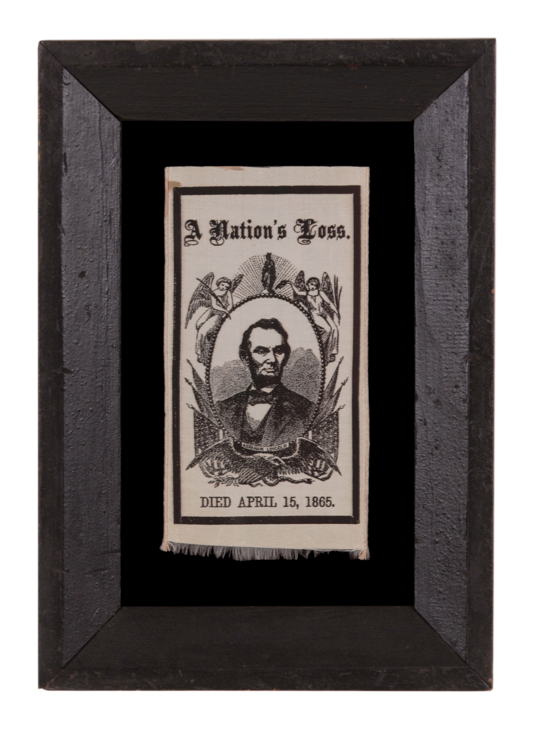 "A NATION'S LOSS": SILK, 1865, ABRAHAM LINCOLN MOURNING RIBBON IN AN ESPECIALLY ATTRACTIVE PORTRAIT DESIGN