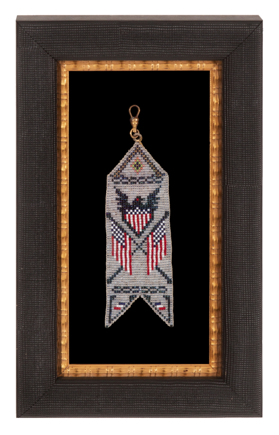 NATIVE AMERICAN BEADED WATCH FOB WITH A STYLIZED FEDERAL EAGLE & SHIELD AND CROSSED AMERICAN FLAGS, circa 1915-1920’s