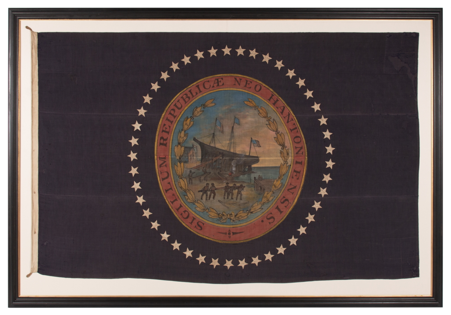 EXCEPTIONAL NEW HAMPSHIRE STATE FLAG WITH A HAND-PAINTED SEAL, SURROUNDED BY 45 HAND-SEWN STARS, MADE BY LAMPRELL & MARBLE, BOSTON, CA 1896-1907