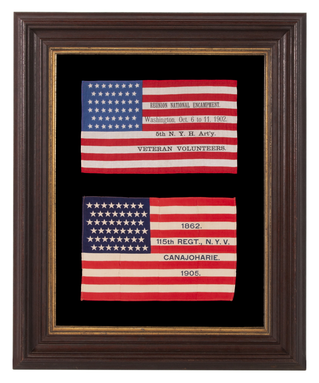 PAIR OF EXTRAORDINARY CIVIL WAR VETERAN’S FLAGS WITH HIGHLY UNUSUAL OVERPRINTS THAT INCLUDE REGIMENTAL DESIGNATIONS FROM THE 5th NEW YORK HEAVY ARTILLERY & THE 115th NEW YORK VOLUNTEER INFANTRY; EACH WITH A DIFFERENT ANTICIPATORY STAR COUNT (46 STARS IN 1902 & 48 STARS IN 1905)