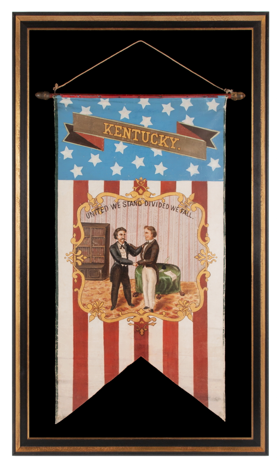 HAND-PAINTED PATRIOTIC BANNER WITH THE SEAL OF THE STATE OF KENTUCKY AND SPECTACULAR PRESENTATION, WITH GREAT FOLK QUALITIES, PROBABLY MADE FOR THE 1868 DEMOCRAT NATIONAL CONVENTION IN NEW YORK CITY