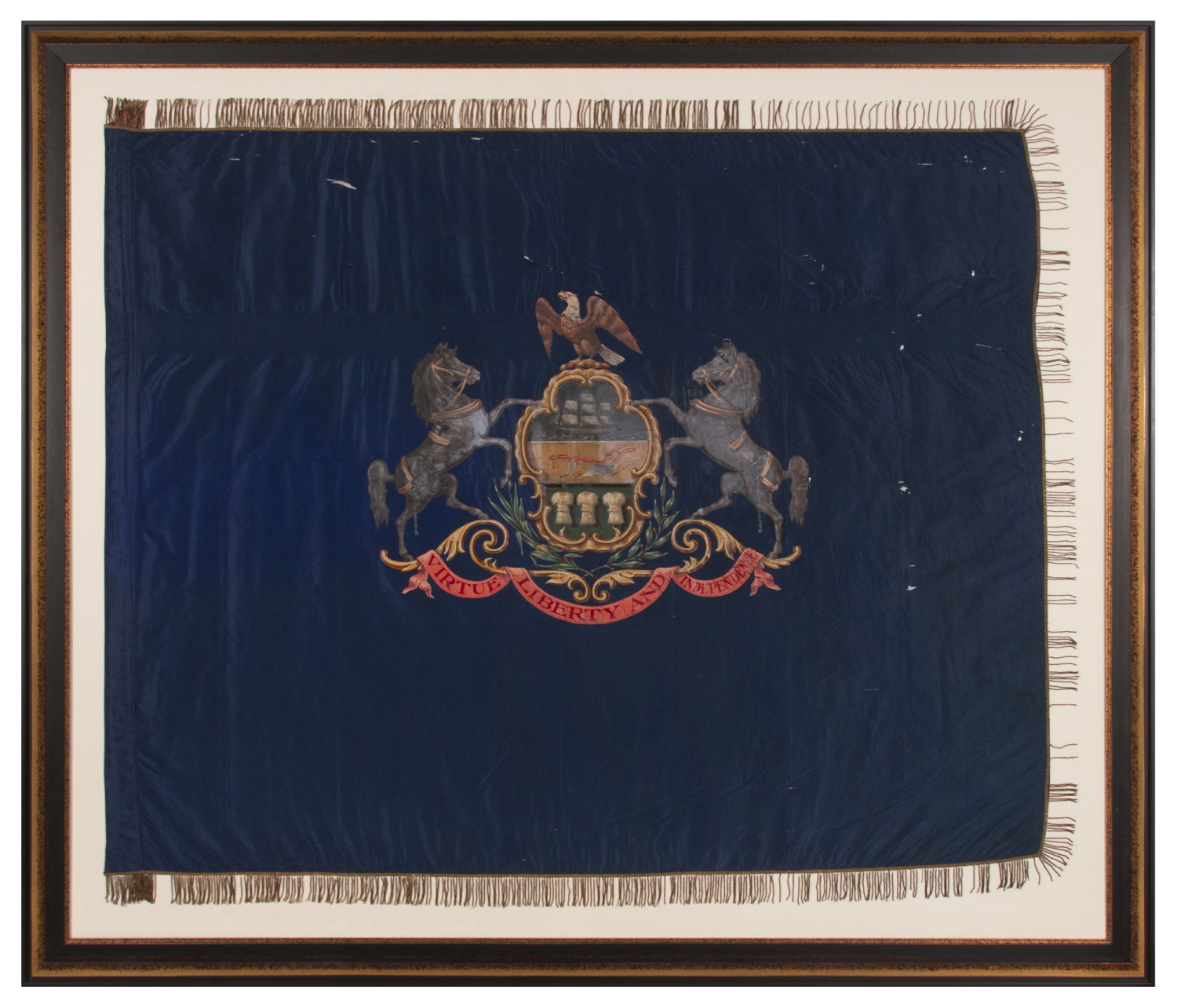 PRE-1875 PENNSYLVANIA STATE STANDARD WITH A HAND-PAINTED DEVICE ON SILK, METALLIC BULLION FRINGED