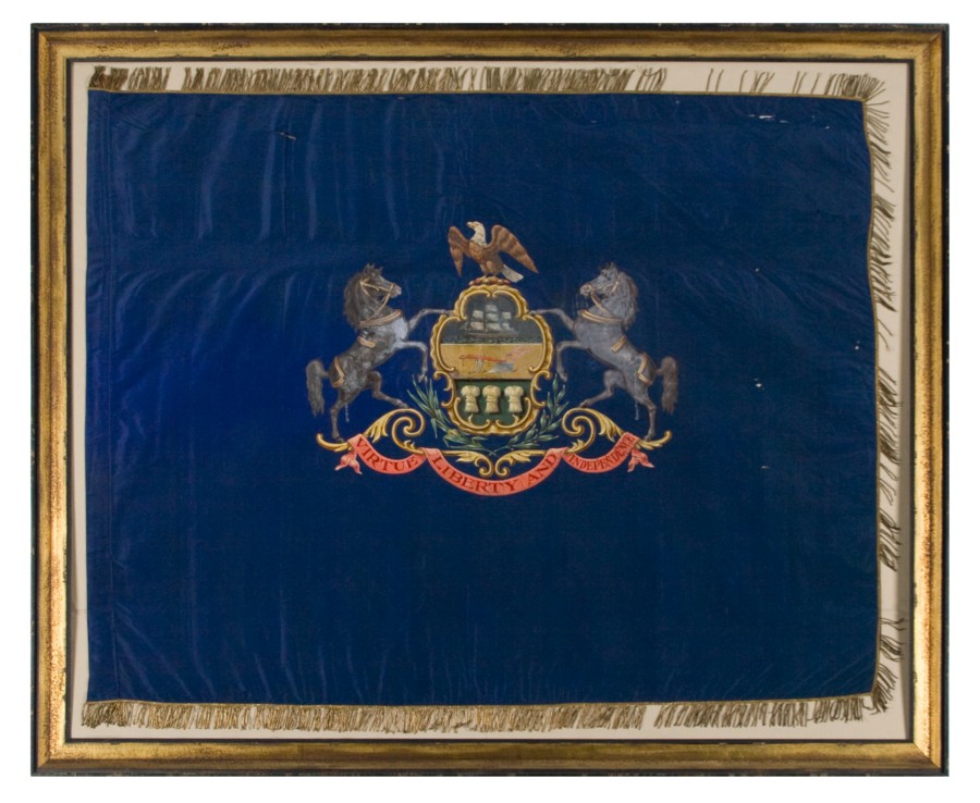 PRE-1875 PENNSYLVANIA STATE STANDARD, HAND-PAINTED CREST ON SILK, BULLION FRINGE