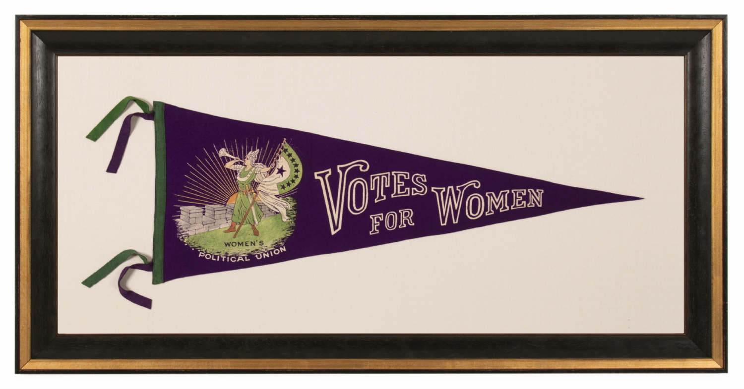 RARE SUFFRAGETTE PENNANT WITH ICONIC BUGLER / "CLARION GIRL" IMAGE, BEARING A SUFFRAGE FLAG 10 STARS, THE LARGEST TO REPRESENT SUCCESS IN ILLINOIS IN 1913; MADE FOR HARRIOT STANTON EATON BLANCH'S WOMENS POLITICAL UNION IN NYC, SIGNED & PATENT-DATED BY THE MAKER
