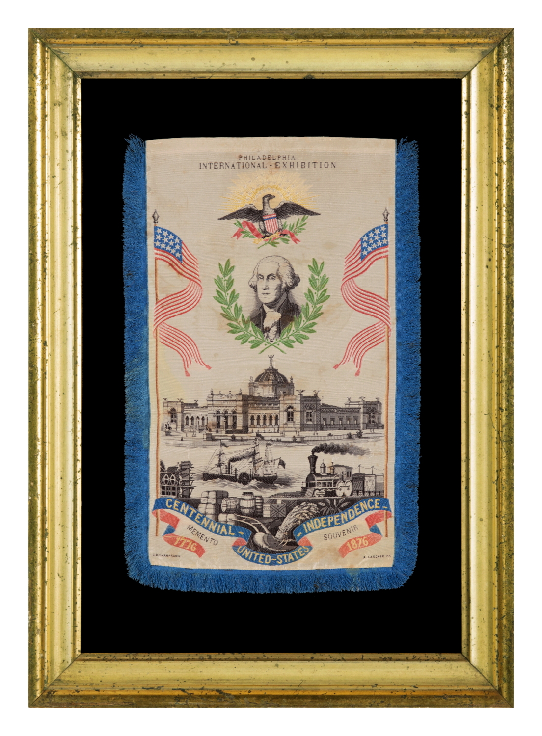 LARGE SCALE SOUVENIR STEVENSGRAPH, MADE TO CELEBRATE 100 YEARS OF AMERICAN INDEPENDENCE, BY JEAN-BAPTISTE CHAMPROMY & A. LARCHER, IN SAINT-ÉTIENNE, FRANCE, FOR PHILADELPHIA’S 1876 CENTENNIAL INTERNATIONAL EXPOSITION