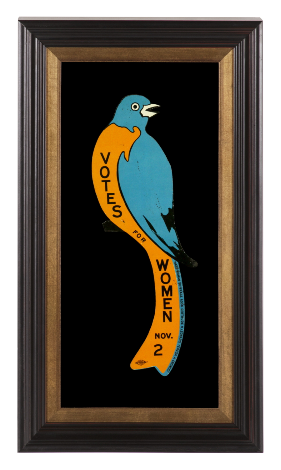 SUFFRAGE "BLUEBIRD": ENAMELED TIN SIGN, COMMISSIONED BY GERTRUDE LEONARD & TERESA CROWLEY FOR THE MASSACHUSETTS WOMAN SUFFRAGE ASSOCIATION, FOR ITS EASTERN CAMPAIGN, 1915