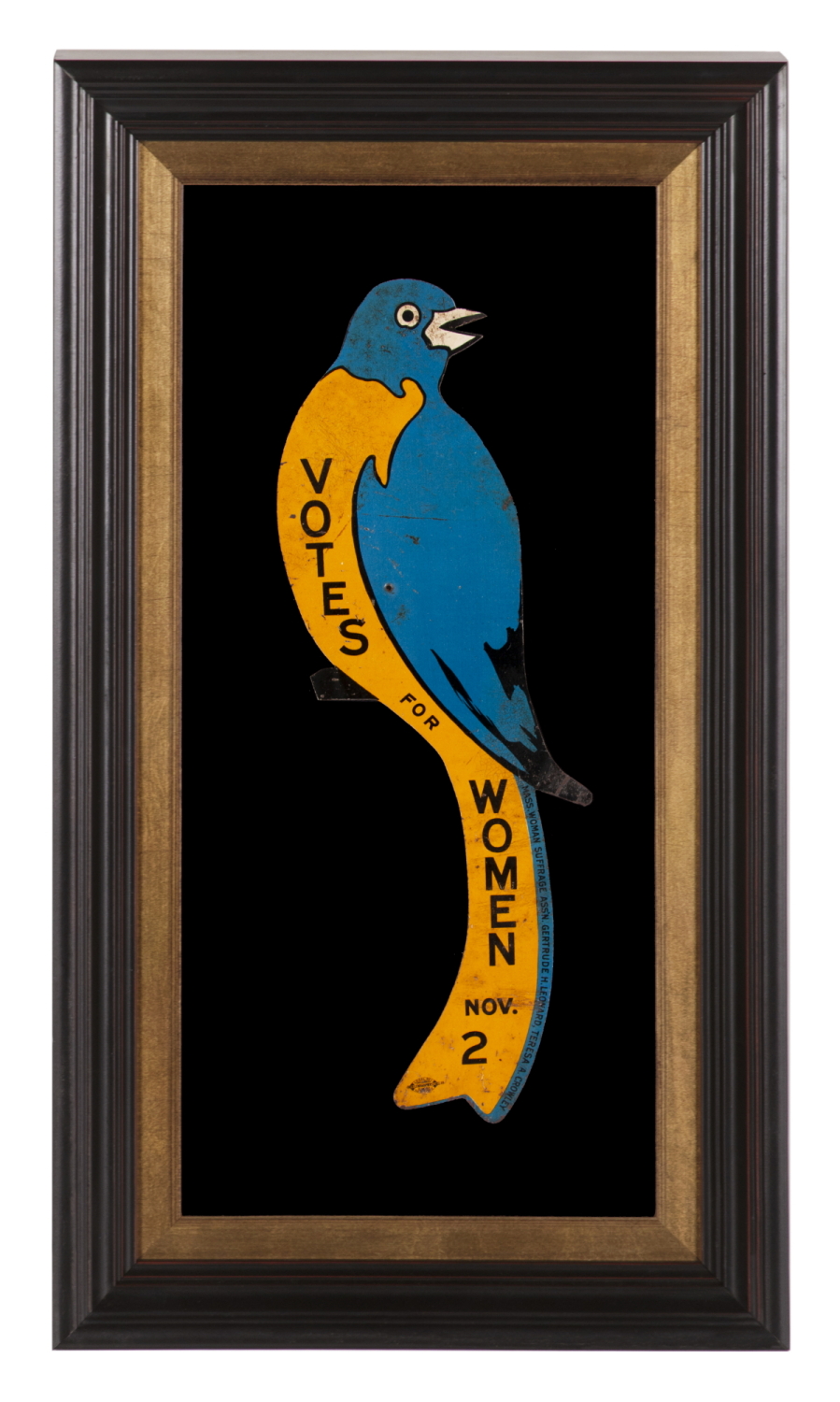 SUFFRAGE "BLUEBIRD": ENAMELED TIN SIGN, COMMISSIONED BY GERTRUDE LEONARD & TERESA CROWLEY FOR THE MASSACHUSETTS WOMAN SUFFRAGE ASSOCIATION, FOR ITS EASTERN CAMPAIGN, 1915