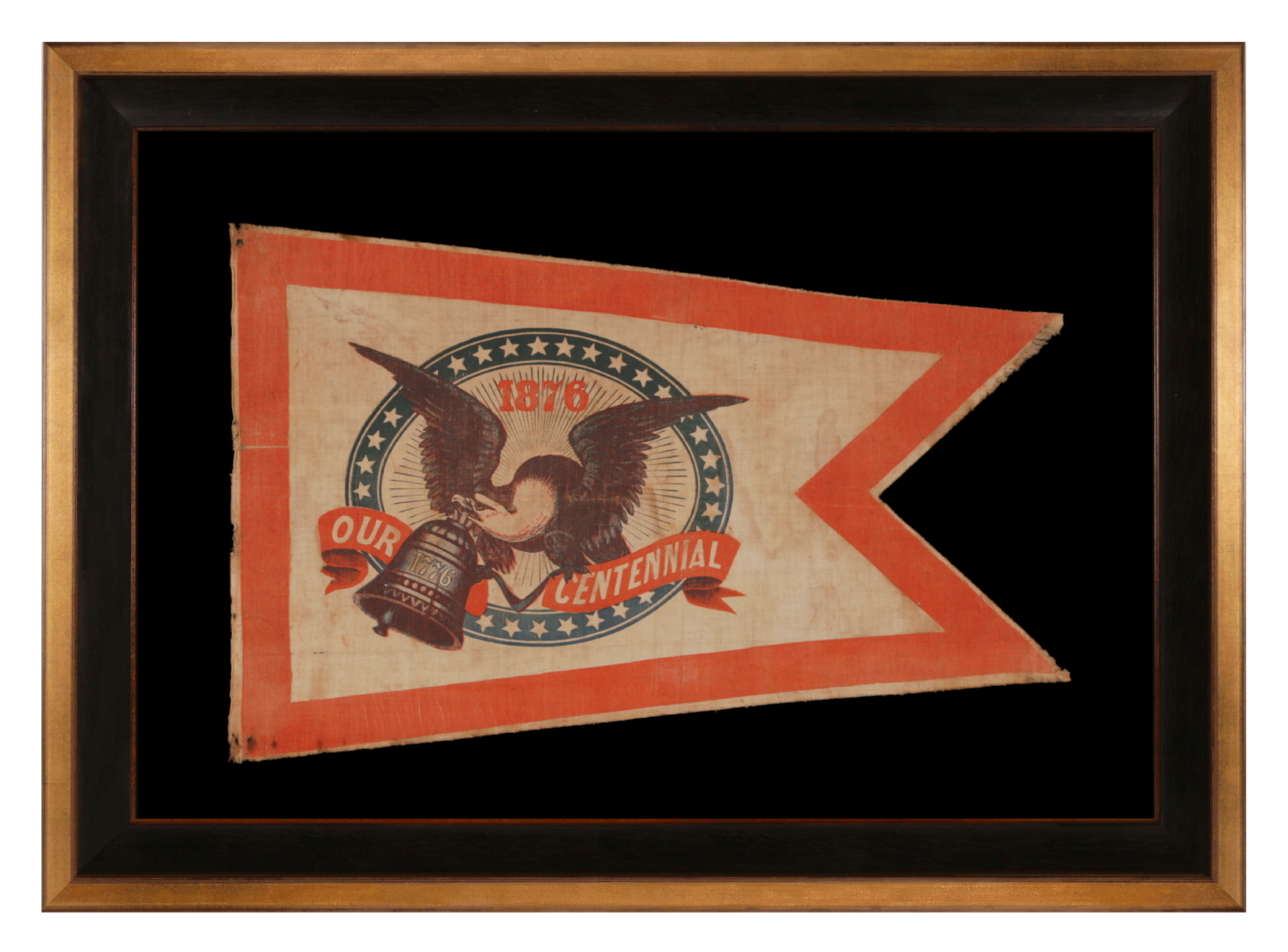 SWALLOW-TAILED PARADE FLAG PENNANT / BANNER, WITH A BOLD ILLUSTRATION OF AN EAGLE CARRYING THE LIBERTY BELL, MADE TO CELEBRATE THE 1876 CENTENNIAL OF AMERICAN INDEPENDENCE; THE ONLY KNOWN EXAMPLE OF ITS KIND