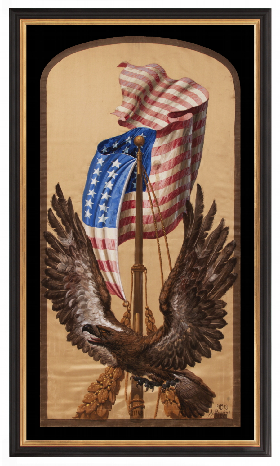 DRAMATIC, HAND-PAINTED, PATRIOTIC BANNER WITH A SCREAMING EAGLE, WINGS RAISED TO ENVELOPE A BILLOWING AMERICAN FLAG; HAND-PAINTED ON SATIN, IN THE POPULAR MANNER OF EARLY 20TH CENTURY ILLUSTRATORS; SIGNED “A. BUCCINI, N.Y.C.”, COPYRIGHTED & DATED 1918 (CLOSING YEAR OF WWI)