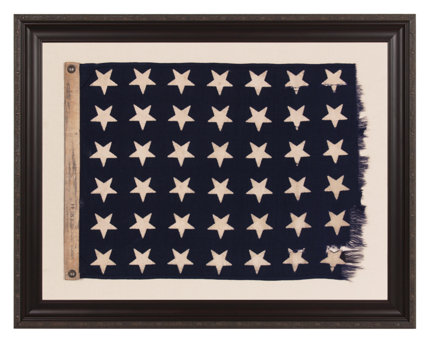 48 STAR U.S. NAVY JACK, MADE AT MARE ISLAND, CALIFORNIA, HEADQUARTERS OF THE PACIFIC FLEET, DURING WWII, DATED 1944