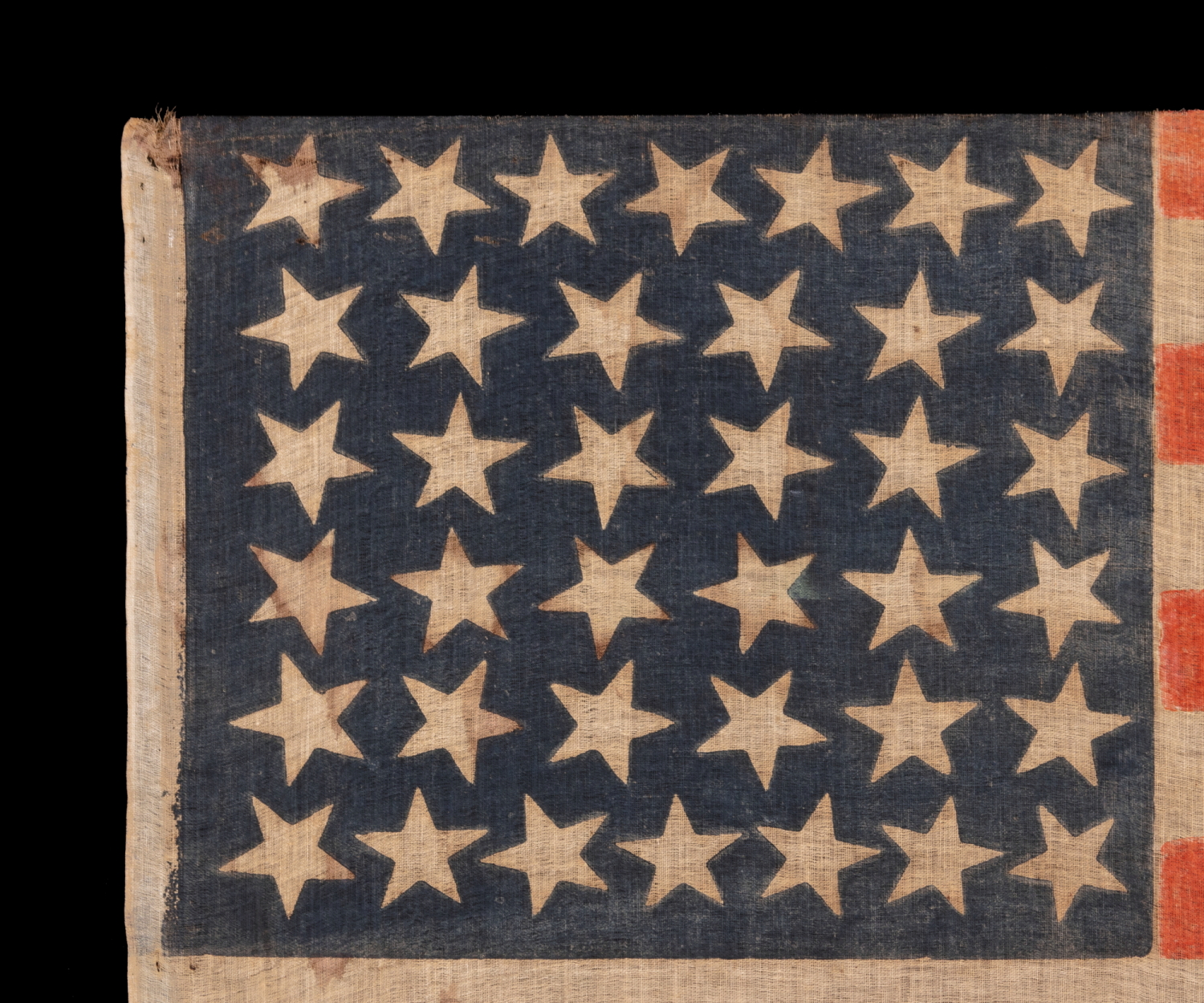 38 STAR ANTIQUE AMERICAN PARADE FLAG WITH JUSTIFIED ROWS OF 7-6-6-6-6-7 ...