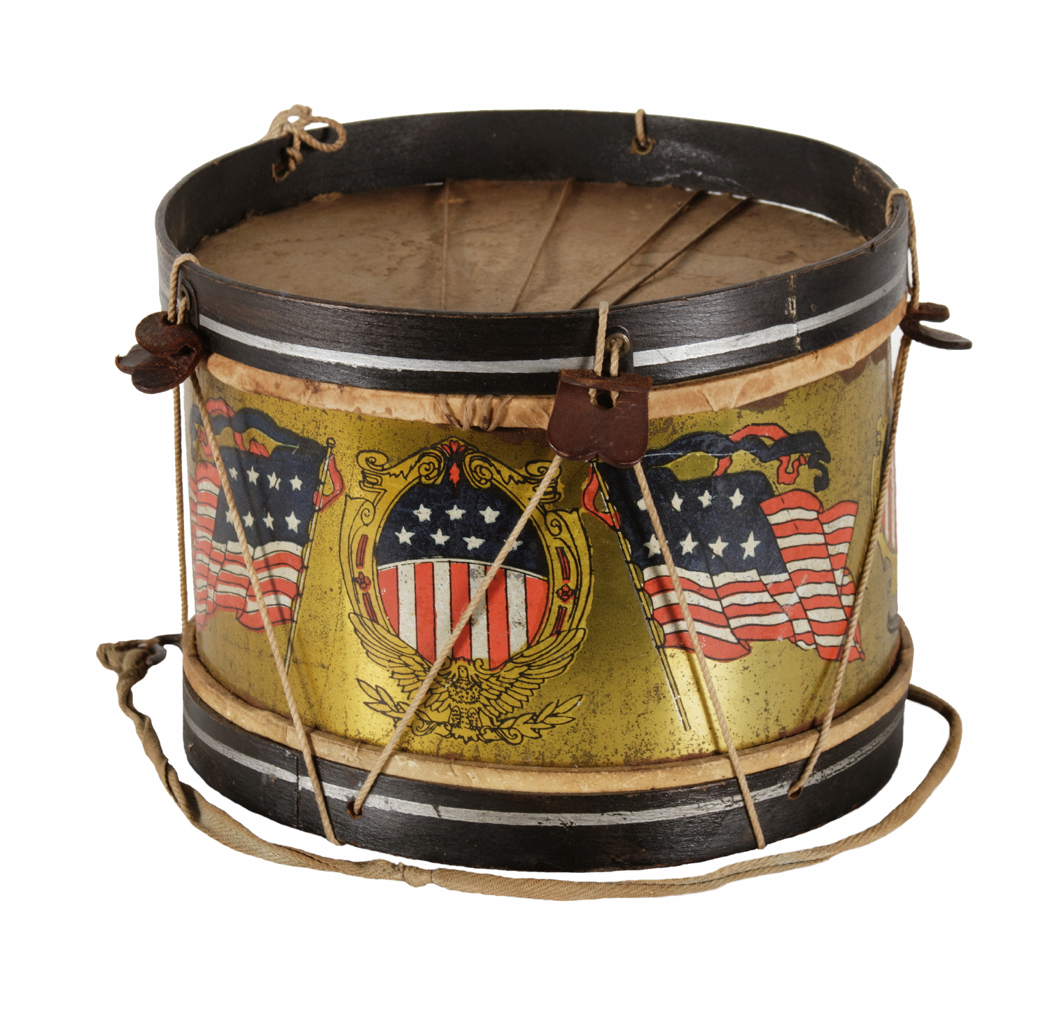 Jeff Bridgman Antique Flags and Painted Furniture - PATRIOTIC TOY DRUM WITH  OVAL SHIELDS AND AMERICAN FLAGS, SIGNED 