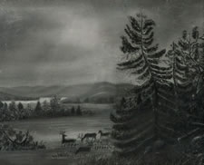 DEER ON AN EVERGREEN LANDSCAPE, CHARCOAL ON SANDPAPER, 1840-50