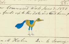 JUNIATA COUNTY, PENNSYLVANIA GERMAN WATERCOLOR OF A SMALL BLUE AND YELLOW BIRD, CA 1880