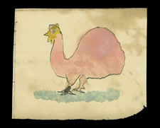 LANCASTER COUNTY, PENNSYLVANIA GERMAN WATERCOLOR OF A SMALL PINK ROOSTER WITH A YELLOW HEAD AND COMB, CA 1840-60