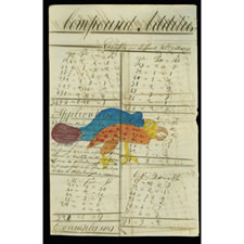 PENNSYLVANIA GERMAN WATERCOLOR OF A WHIMSICALLY FEARSOME BIRD, PERHAPS AN EAGLE, TAKEN FROM AN 1821 MATHEMATICS COPYBOOK, LANCASTER COUNTY, PENNSYLVANIA