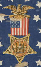 38 STAR FLAG WITH A MULTI-COLOR CIVIL WAR VETERAN'S BADGE AT THE CENTER OF A WHIMSICAL MEDALLION STAR CONFIGURATION AND ITS CANTON RESTING ON THE WAR STRIPE, COLORADO STATEHOOD, 1876-1889