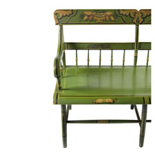 BRIGHT GREEN, PLANK-SEATED SETTEE WITH PAINTED AND GILDED DECORATION, ESPECIALLY RARE WITH AN ORIGINAL PAPER MAKER'S FROM BROWN'S "CHAIR MANUFACTORY", READING PENNSYLVANIA (BERKS COUNTY), 1845-1865