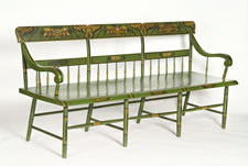 BRIGHT GREEN, PLANK-SEATED SETTEE WITH PAINTED AND GILDED DECORATION, ESPECIALLY RARE WITH AN ORIGINAL PAPER MAKER'S FROM BROWN'S "CHAIR MANUFACTORY", READING PENNSYLVANIA (BERKS COUNTY), 1845-1865