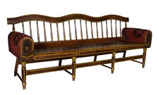 PAINT-DECORATED, PLANK-SEATED SETTEE WITH A UNIQUE, SERPENTINE CREST RAIL AND UPOLSTERED ARMS WITH THE HEART-IN-HAND SYMBOL OF THE ODD FELLOWS FRATERNAL LODGE ON THEIR WOOD PANELED FRONTS, MAINE OR PENNSYLVANIA ORIGIN, 1830-60
