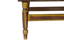 PAINT-DECORATED, PLANK-SEATED SETTEE WITH A UNIQUE, SERPENTINE CREST RAIL AND UPOLSTERED ARMS WITH THE HEART-IN-HAND SYMBOL OF THE ODD FELLOWS FRATERNAL LODGE ON THEIR WOOD PANELED FRONTS, MAINE OR PENNSYLVANIA ORIGIN, 1830-60