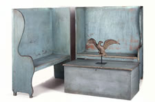 PAIR OF ROBIN'S EGG BLUE-PAINTED BENCHES FROM A PORTICO ON AN 1890'S HOME IN CANAAN, NEW YORK
